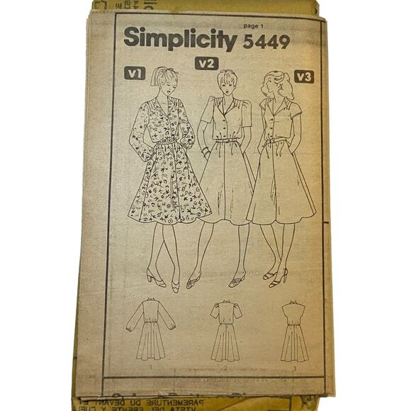 Simplicity 5449 Pattern Dress Miss 10 1982 Uncut Vintage Midi Flare Side Pocket - Picture 2 of 6
